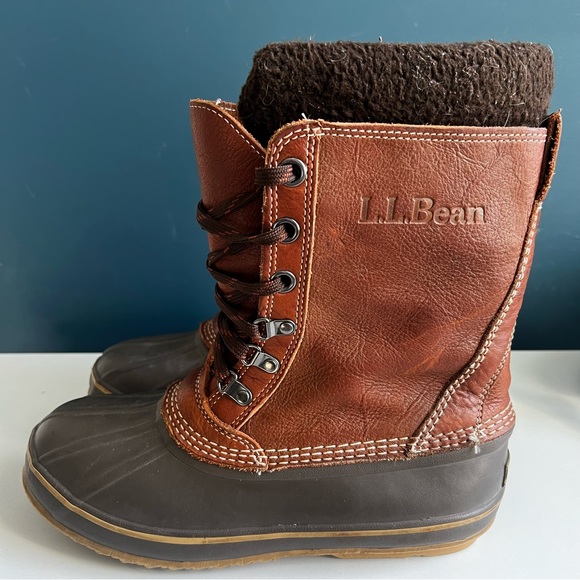 LL BEAN Brown Leather Rubber Rain Snow Boots Size 8 - Picture 3 of 10